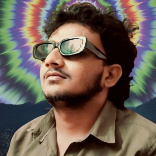 Young man with curly hair and beard wearing sunglasses and a brown shirt, with a colorful tie-dye spiral background.