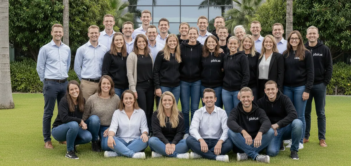 Group of 28 people posing outdoors on grass with trees and a building window in the background.