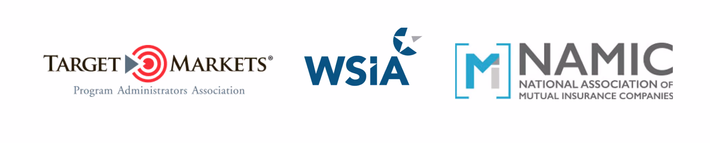 Logos of Target Markets Program Administrators Association, WSIA, and NAMIC National Association of Mutual Insurance Companies.