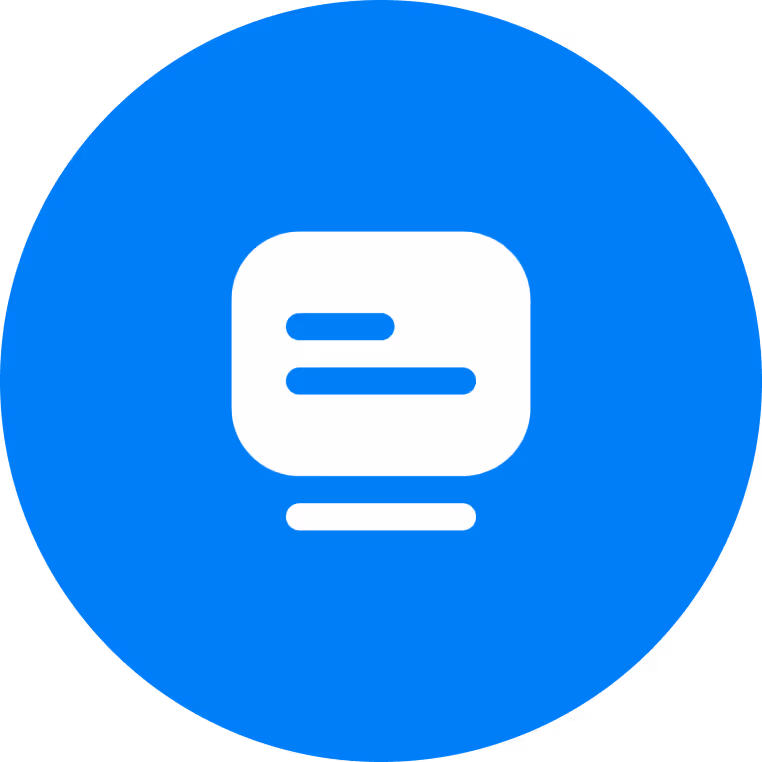 White chat bubble icon with three horizontal lines inside on a blue circular background.