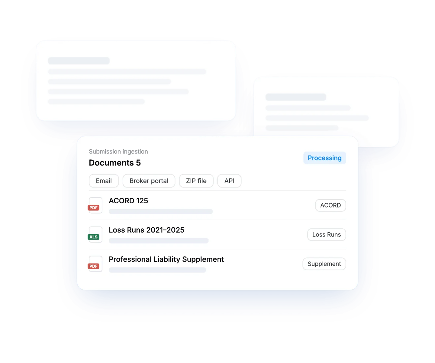 Pibit submission ingestion showing one submission from email, portal, ZIP or API with its documents classified automatically
