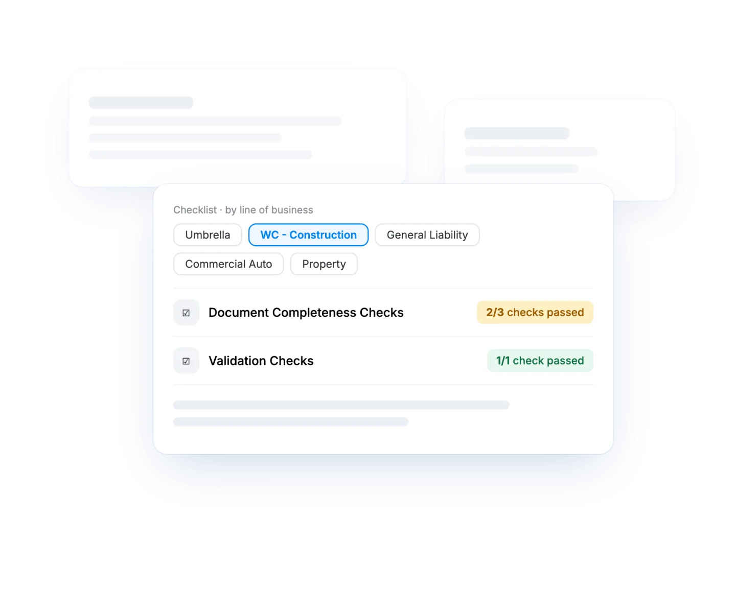 Pibit checklist by line of business showing completeness and validation checks for WC - Construction