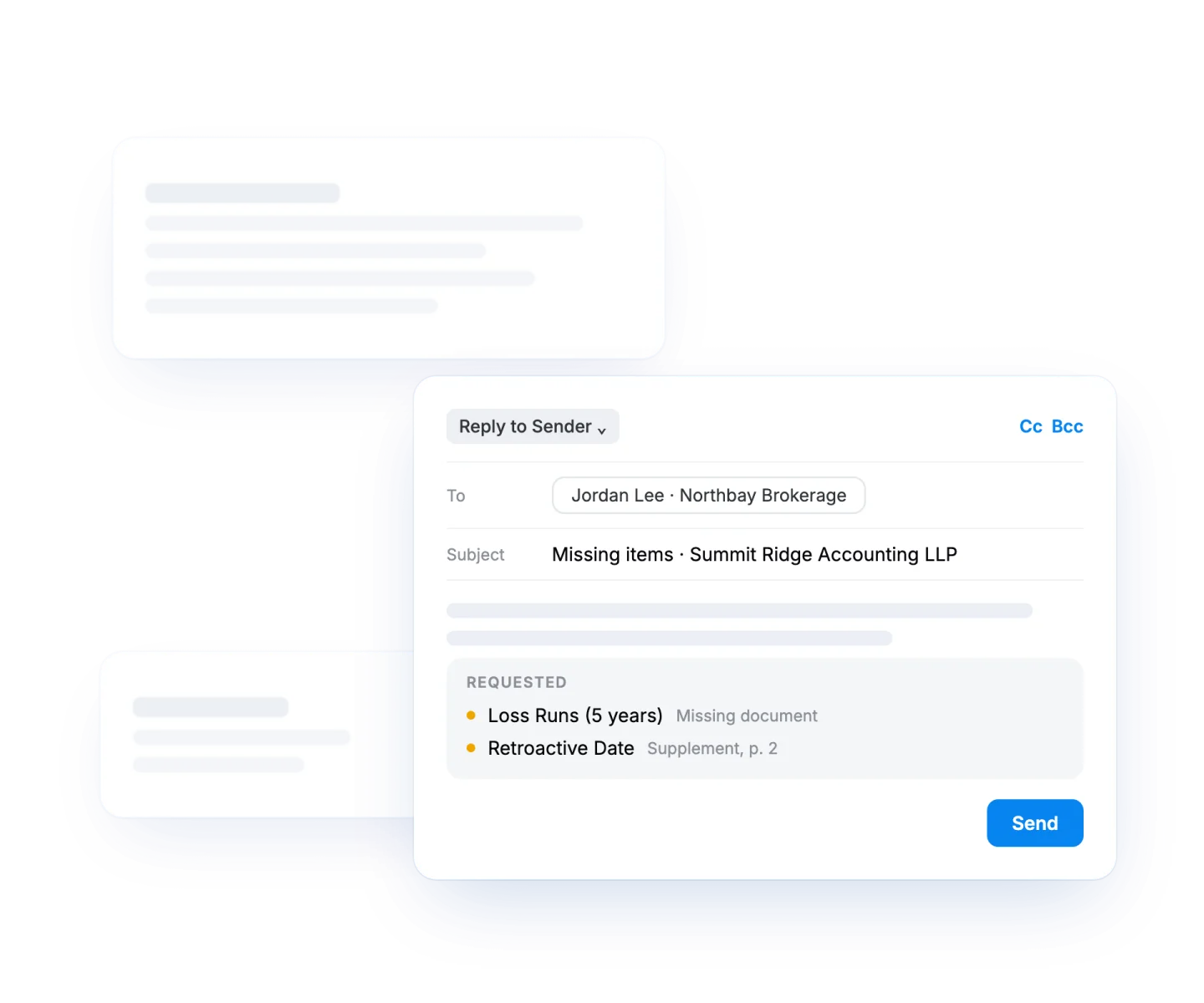 Pibit email to the broker requesting missing loss runs and retroactive date in one consolidated follow-up
