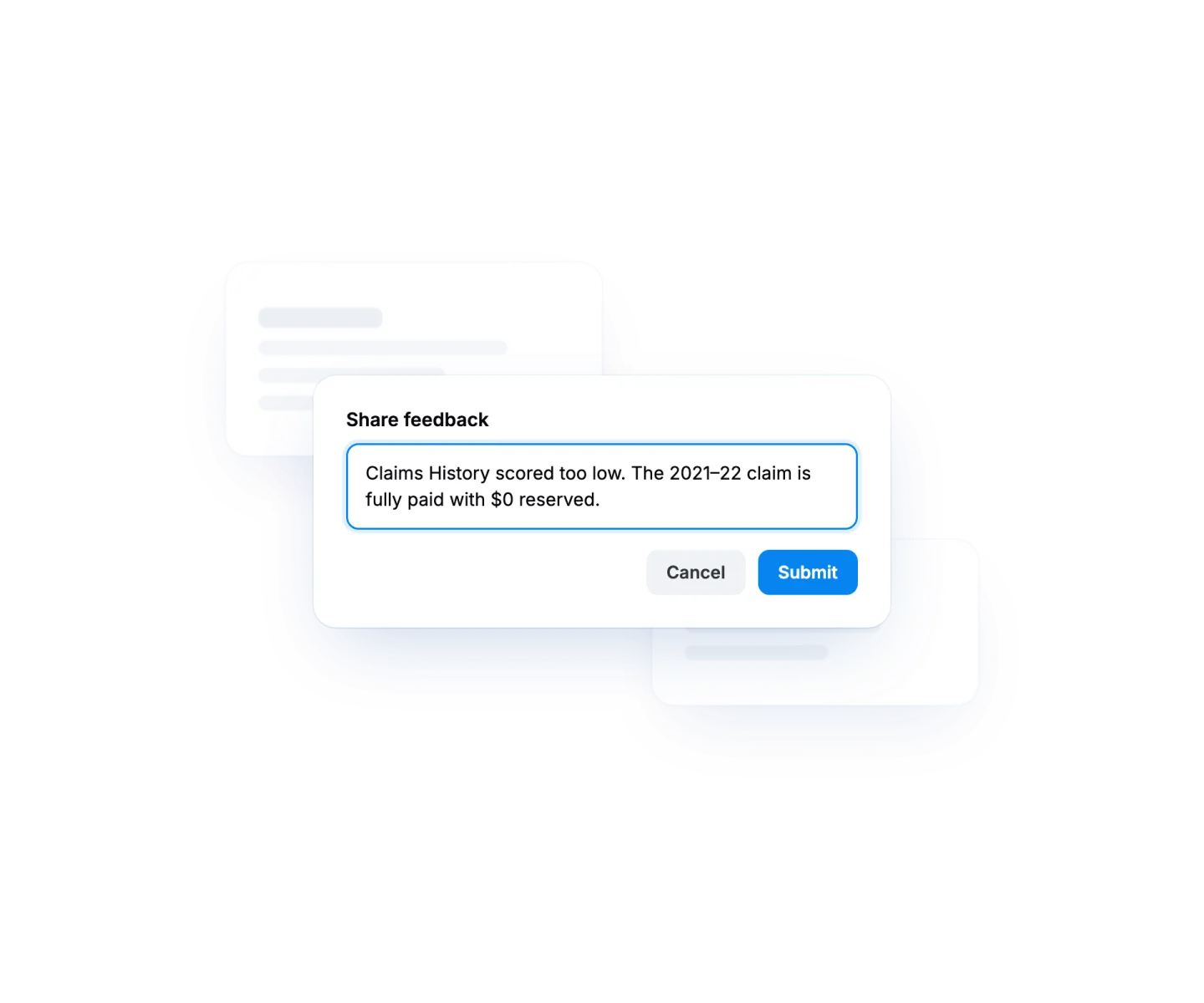 Pibit score feedback box where an underwriter flags a misread claims-history factor on a submission score