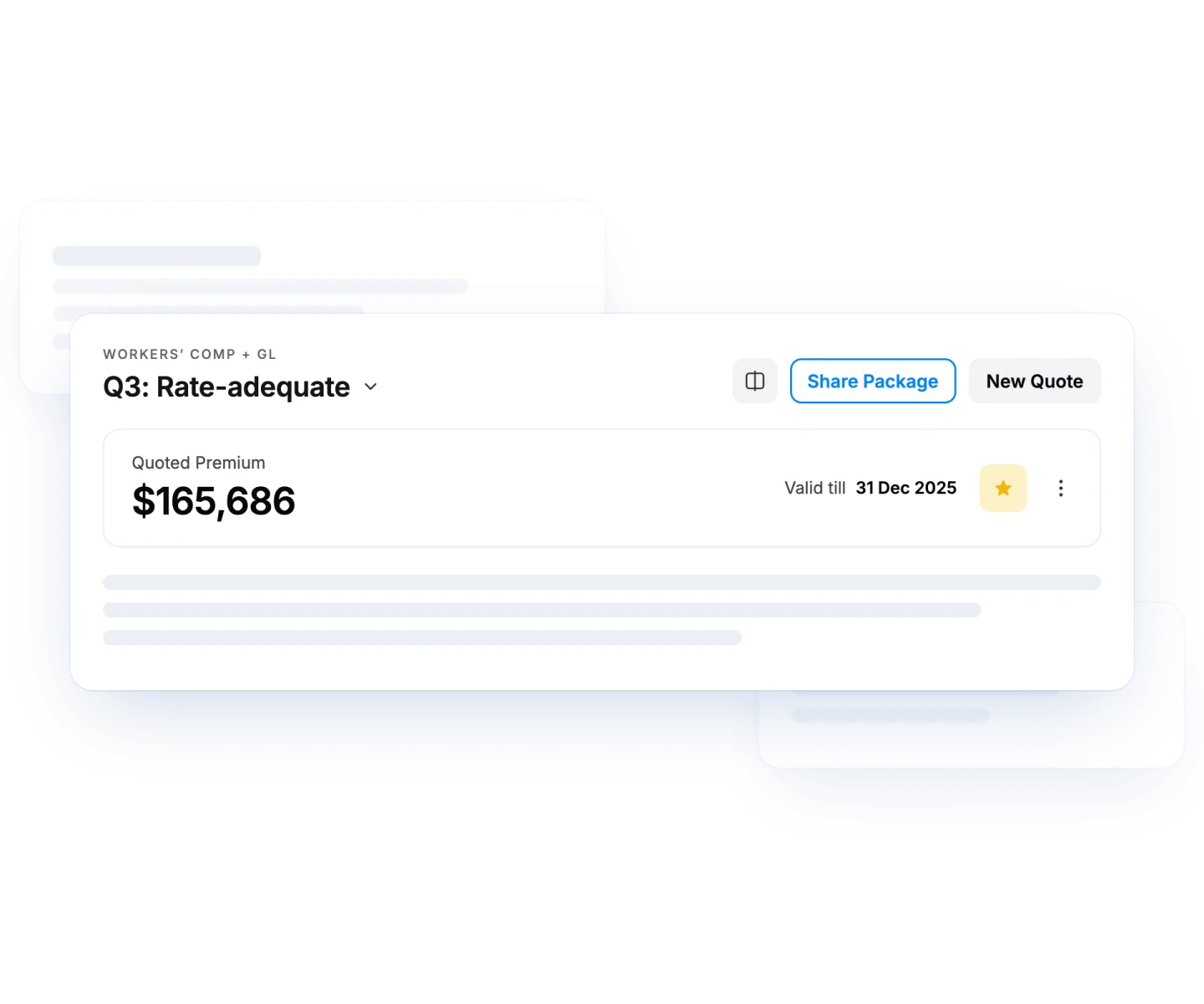 Pibit Workers' Comp and GL quote with quoted premium, validity date and Share Package action