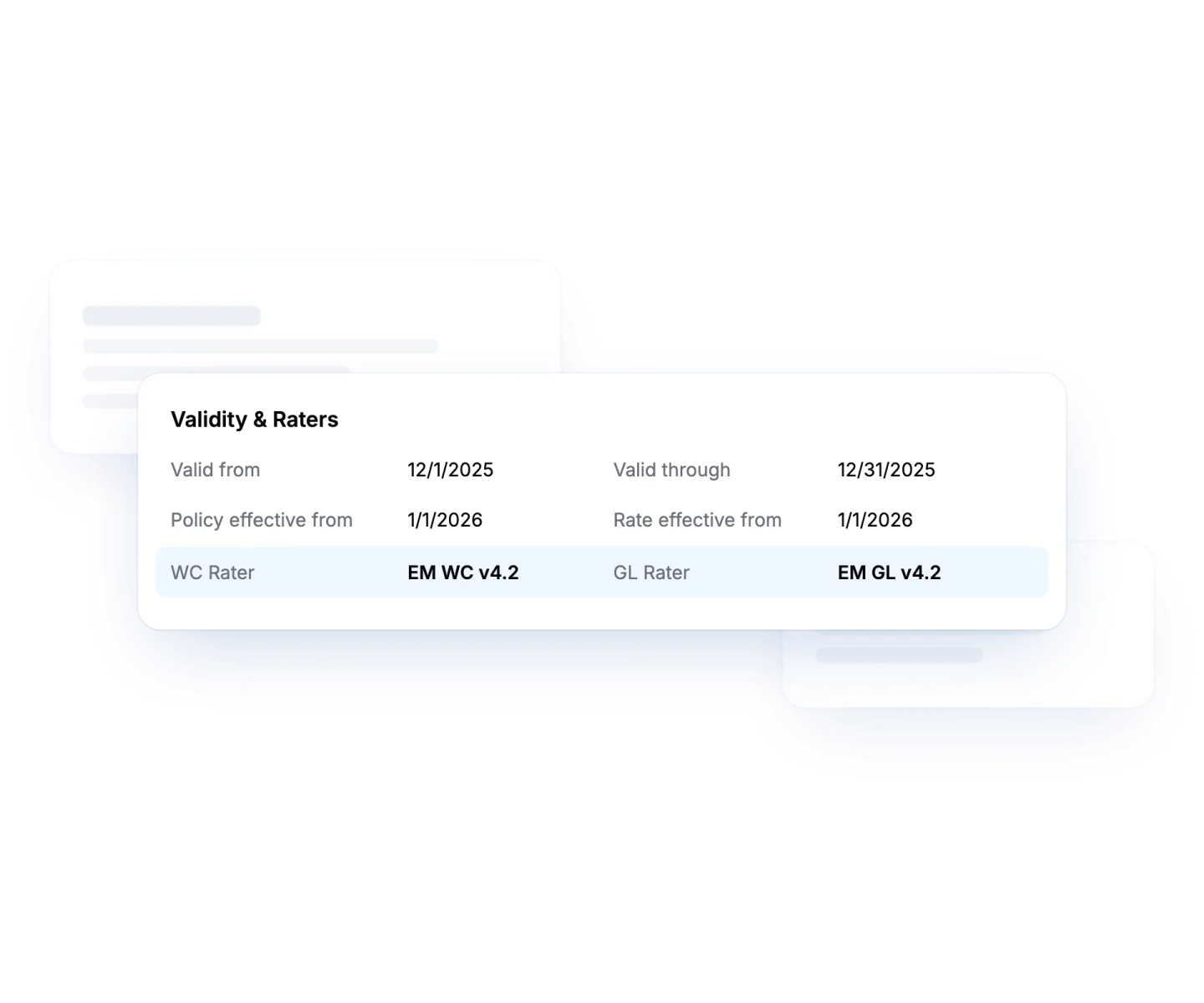 Pibit validity and rater panel showing the Workers' Comp and General Liability rater versions used for the quote