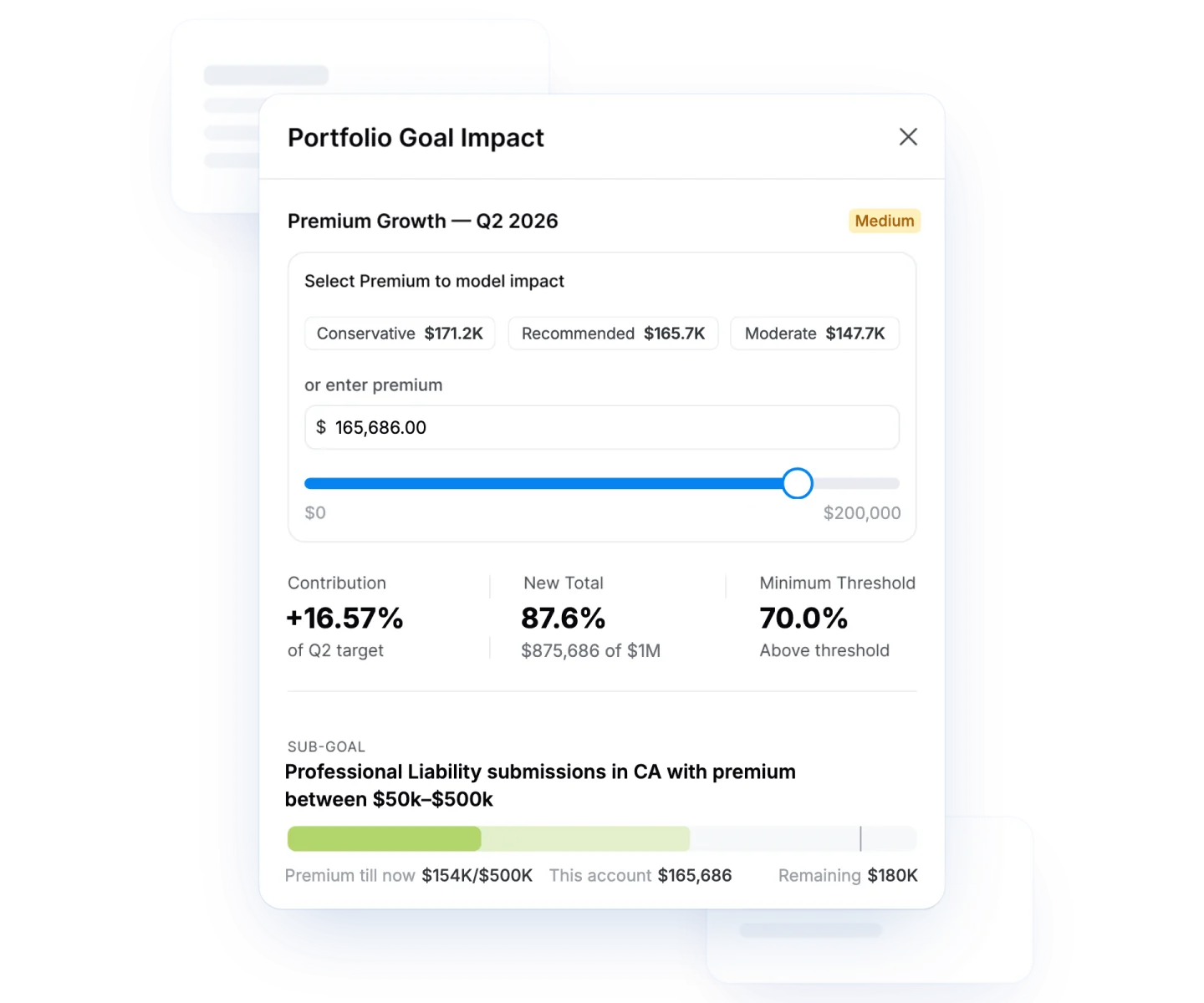 Pibit Portfolio Goal Impact panel modelling how a submission's premium moves a premium growth goal