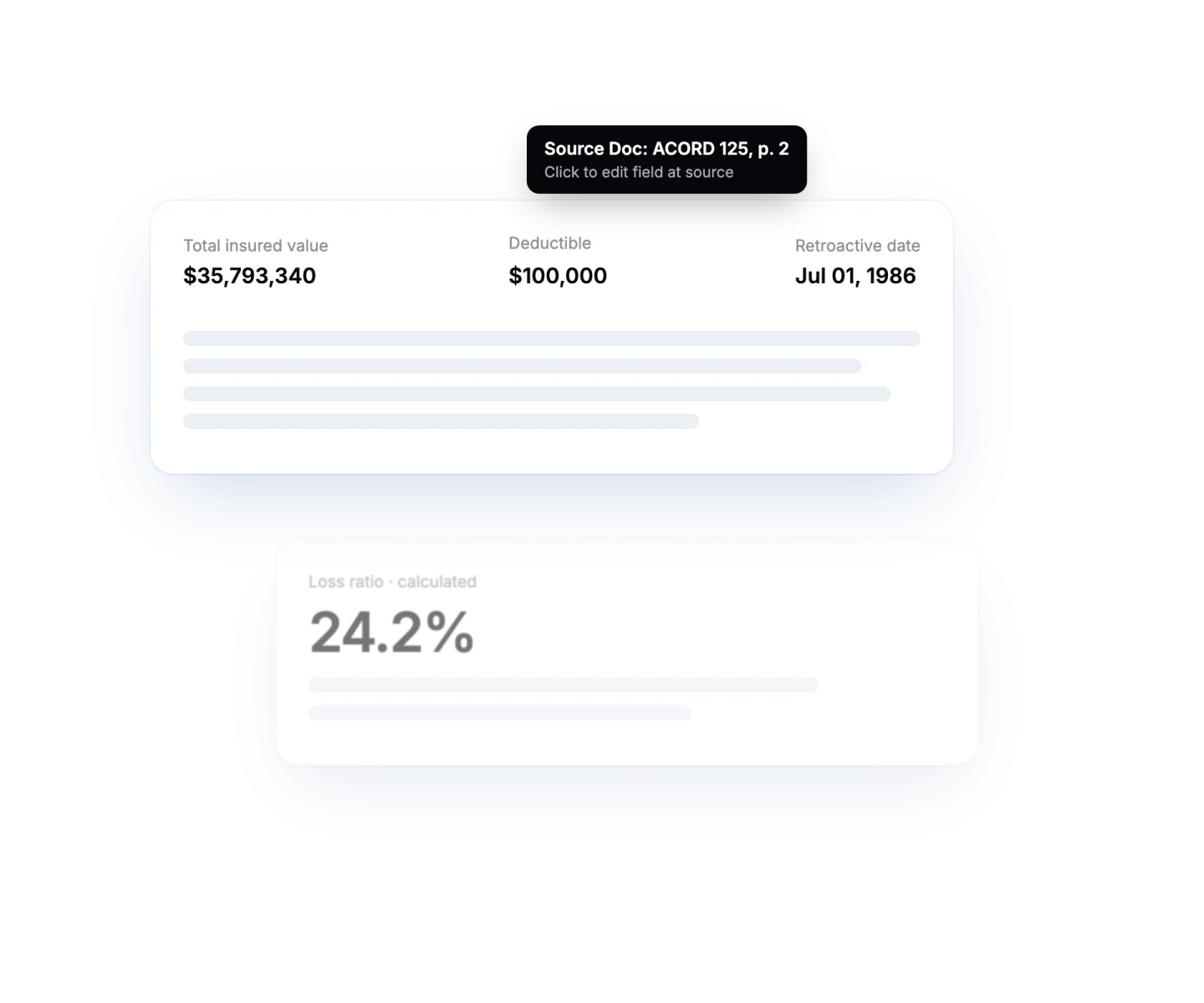 Pibit extracted account values traced to page 2 of the ACORD 125, above a calculated loss ratio