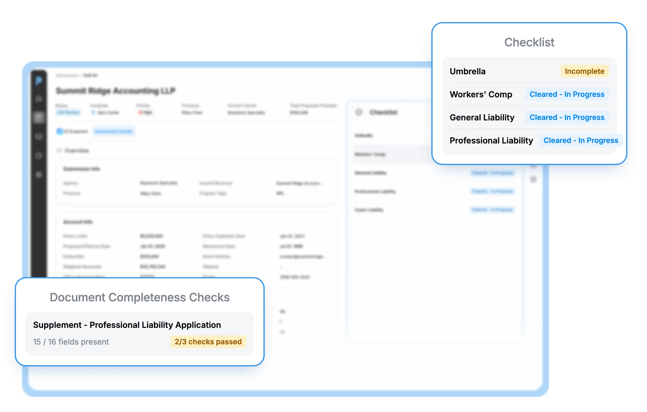 Pibit submission view with a line-of-business clearance checklist and a document completeness check showing 2 of 3 checks passed