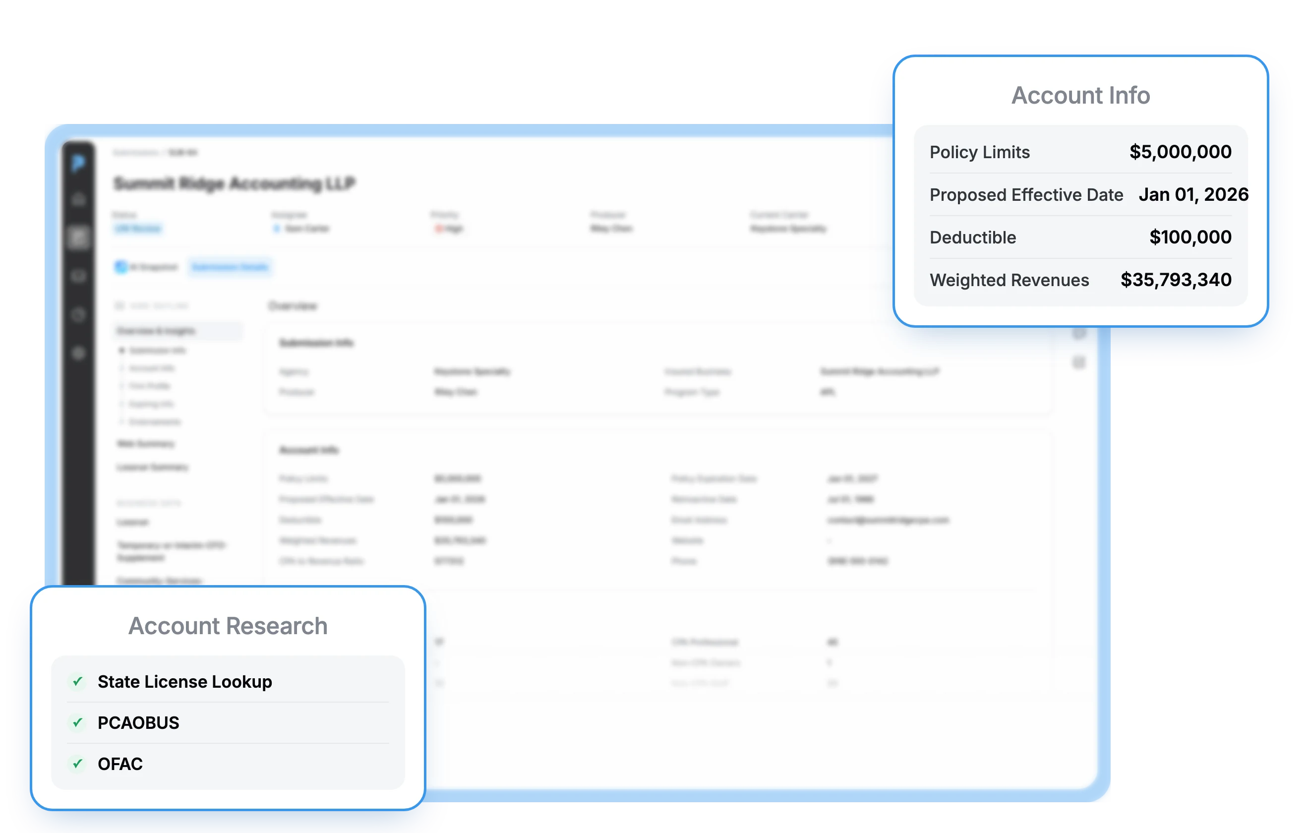 Pibit submission view with extracted account info such as policy limits and deductible, and account research from state license lookup, PCAOBUS and OFAC