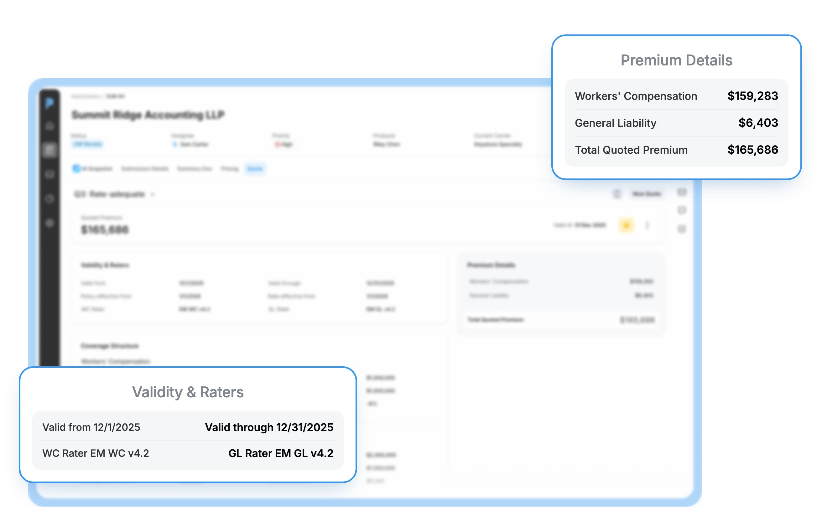Pibit quote view with premium details by line, total quoted premium, validity dates and rater versions
