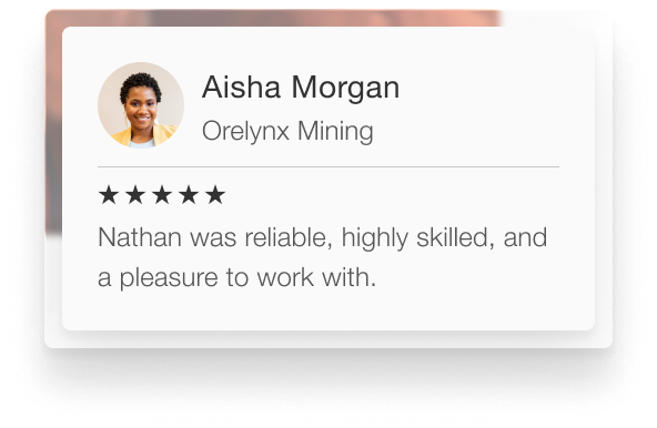 Testimonial card with a photo of a smiling woman labeled Aisha Morgan from Orelynx Mining, rating five stars and praising Nathan as reliable and highly skilled.