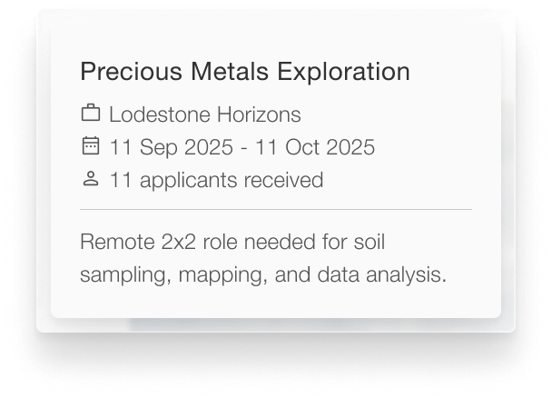 Job listing for Precious Metals Exploration at Lodestone Horizons, open from 11 Sep 2025 to 11 Oct 2025, with 11 applicants received, seeking a remote 2x2 role for soil sampling, mapping, and data analysis.