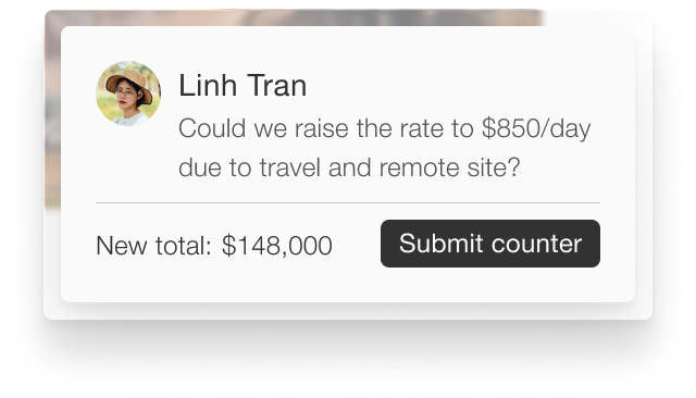 Message from Linh Tran requesting to raise the rate to $850 per day due to travel and remote site, with new total $148,000 and a Submit counter button.