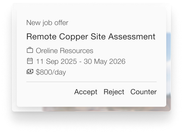 Job offer for Remote Copper Site Assessment at Oreline Resources from 11 Sep 2025 to 30 May 2026 with $800 per day pay, with options to Accept, Reject, or Counter.