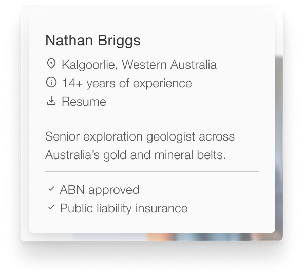 Profile card of Nathan Briggs, a senior exploration geologist in Kalgoorlie, Western Australia, with 14+ years of experience, ABN approval, and public liability insurance, offering a downloadable resume.