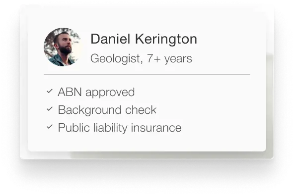 Profile card of Daniel Kerington, a geologist with over 7 years experience, showing approvals including ABN, background check, and public liability insurance.