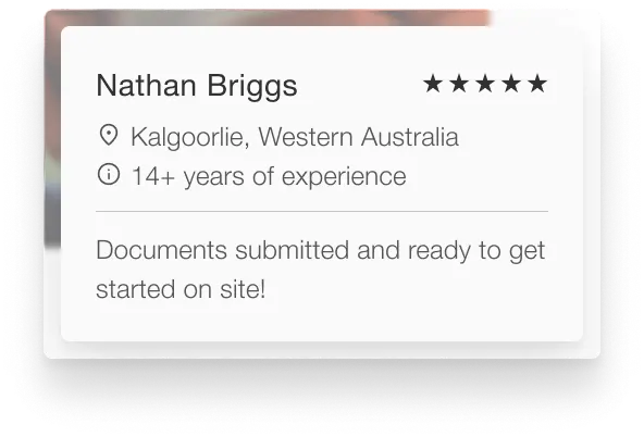 Profile card for Nathan Briggs from Kalgoorlie, Western Australia, with a 5-star rating and over 14 years of experience, stating documents are submitted and ready to start on site.