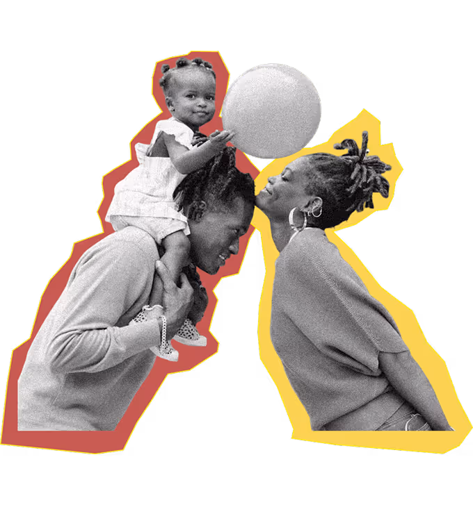 Child sitting on a man's shoulders holding a balloon, playfully touching a woman's nose.