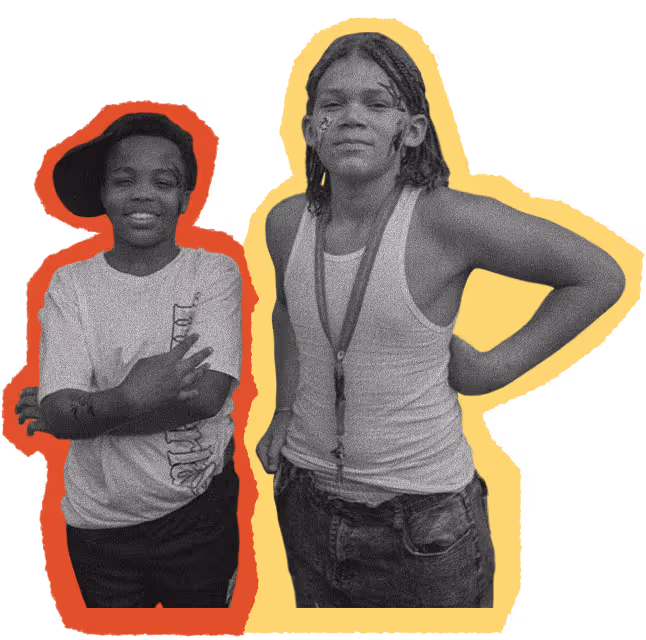 Two kids standing confidently with colorful outlines; one wears a t-shirt and cap, the other a tank top and jeans.