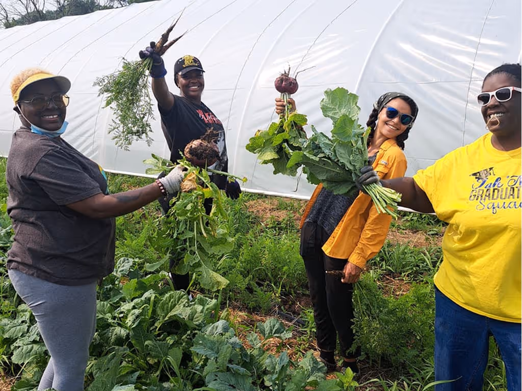 Four people smiling and holding freshly harvested root vegetables in a garden with a white greenhouse in the background.