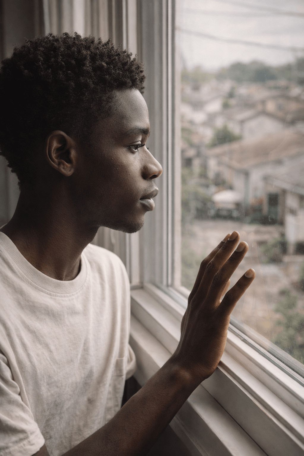 Black young man standing indoors looking out a window, with hand resting on the glass in a quiet, reflective moment