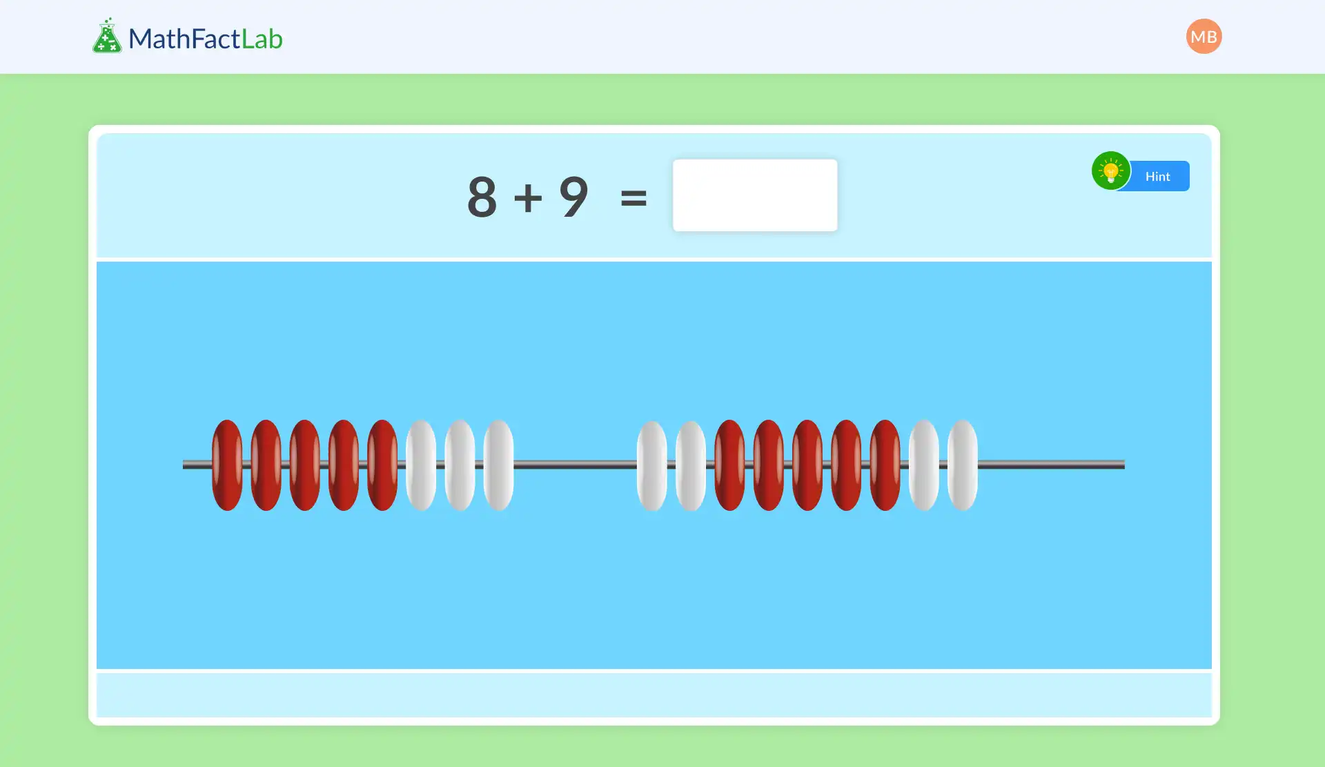 MathFactLab addition problem 8 plus 9 equals with an abacus showing 17 beads.