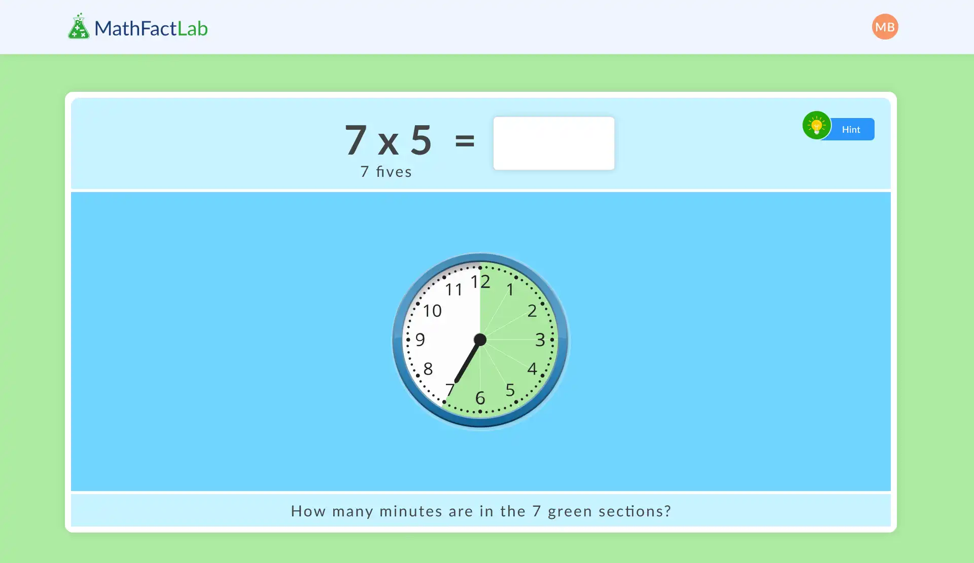 MathFactLab multiplication problem 7 x 5 with a clock showing 7 green sections representing 35 minutes, asking how many minutes are in the 7 green sections.