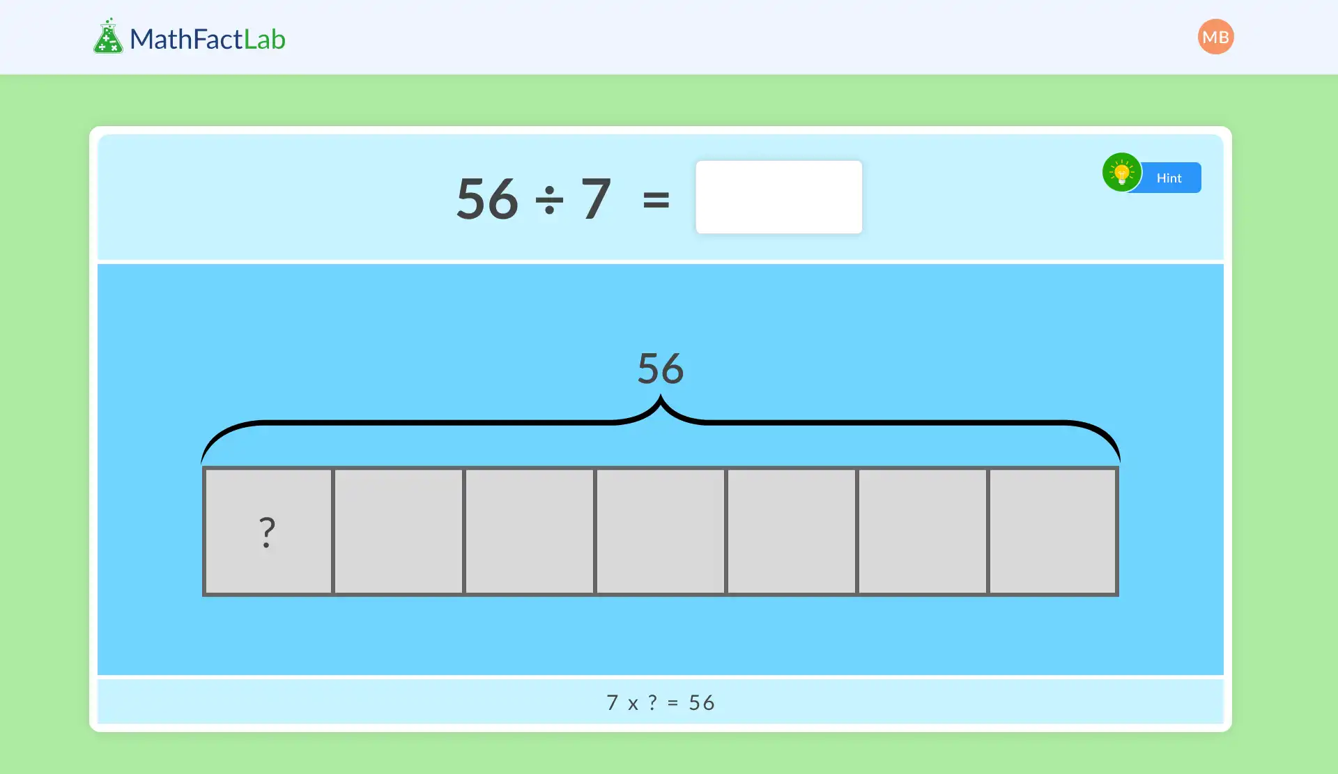 MathFactLab division problem 56 ÷ 7 with seven empty boxes representing equal parts, showing 7 times a missing number equals 56.