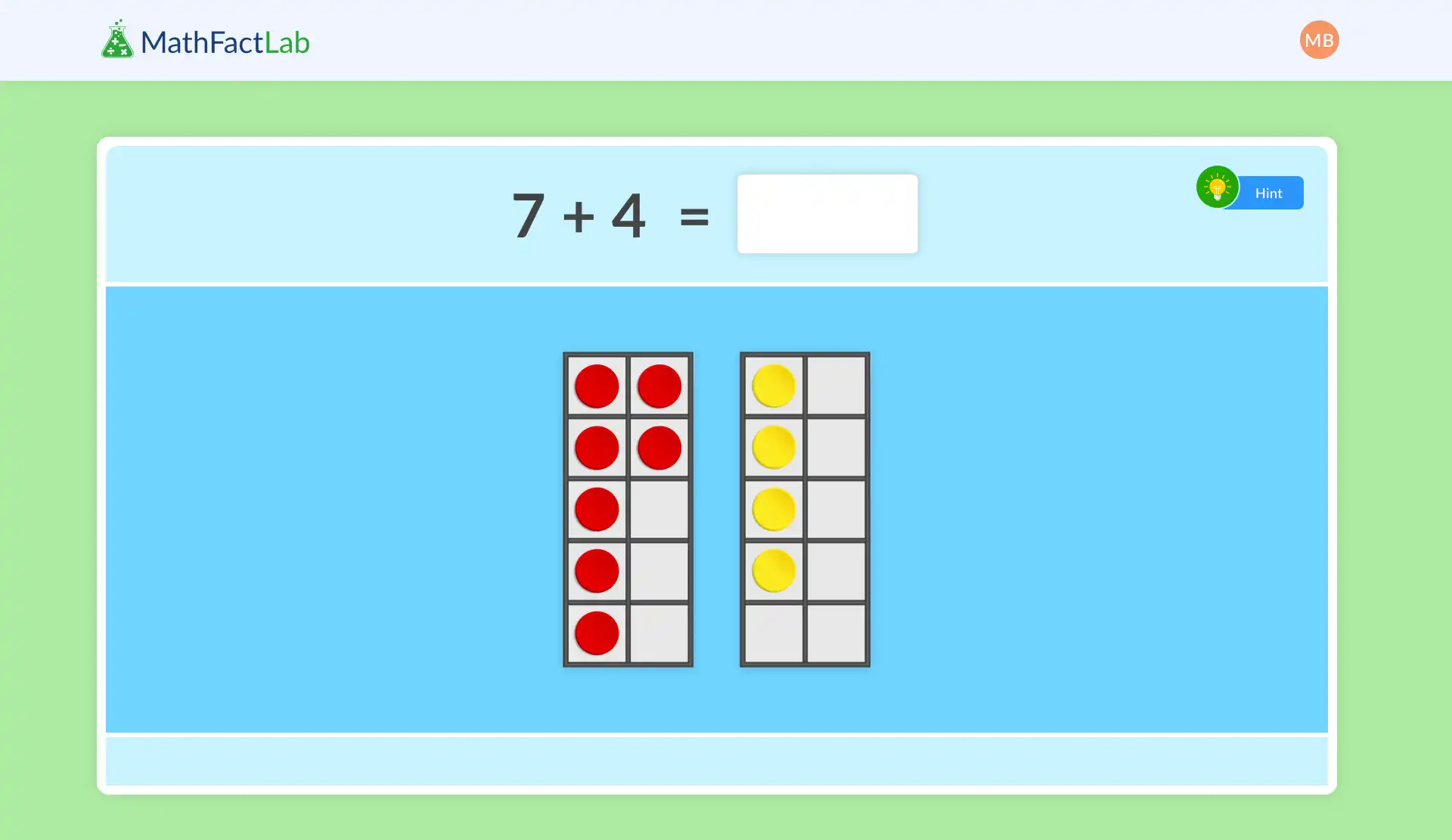 MathFactLab addition problem 7 plus 4 equals with ten-frame visual aids showing seven red dots and four yellow dots.