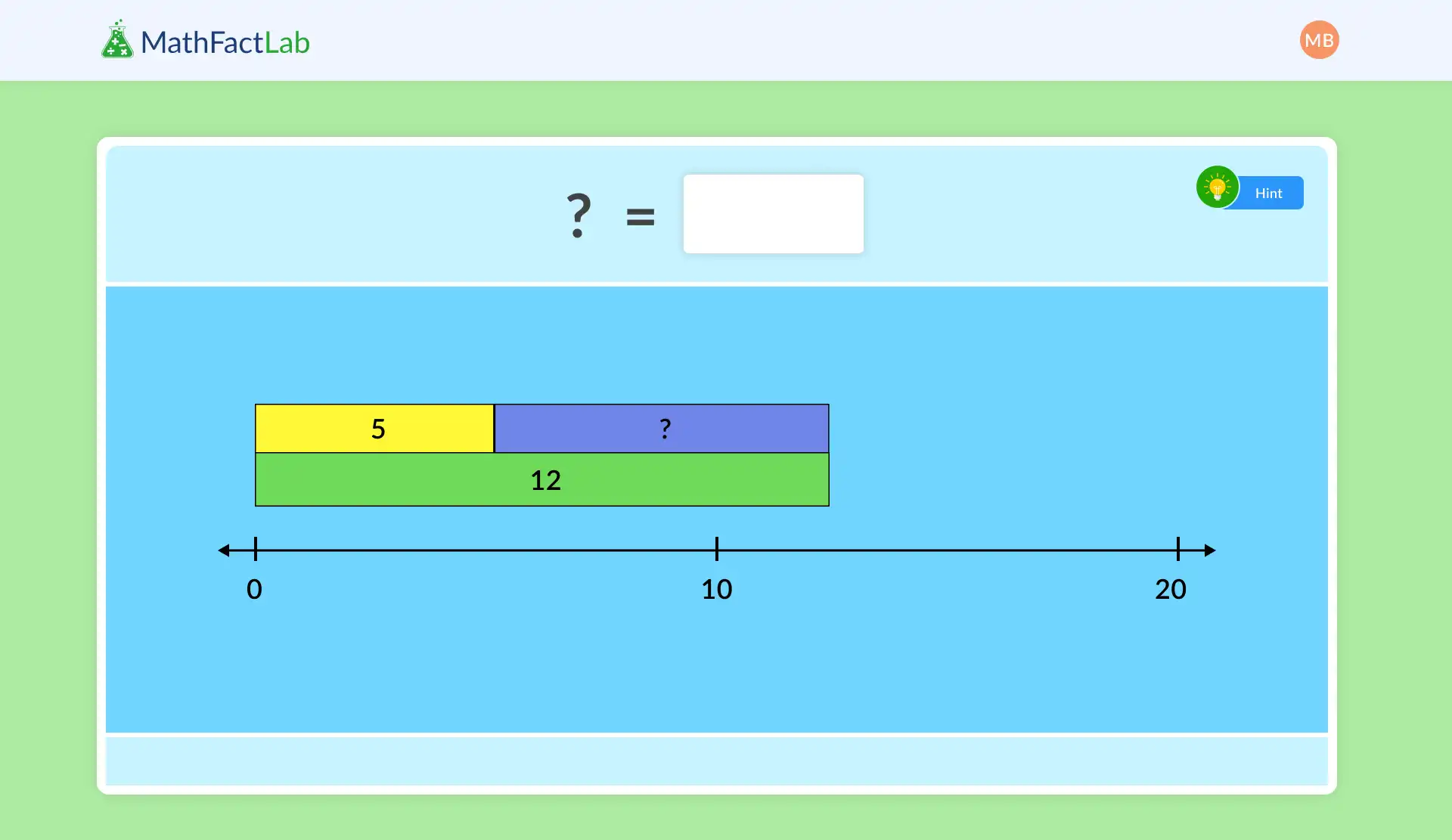 MathFactLab number line showing segments 5 and unknown length adding to 12, with zero, 10, and 20 marked on the line.