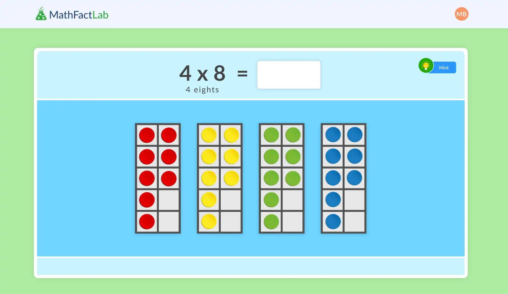 MathFactLab multiplication question showing 4 x 8 with four ten-frames filled with red, yellow, green, and blue counters.