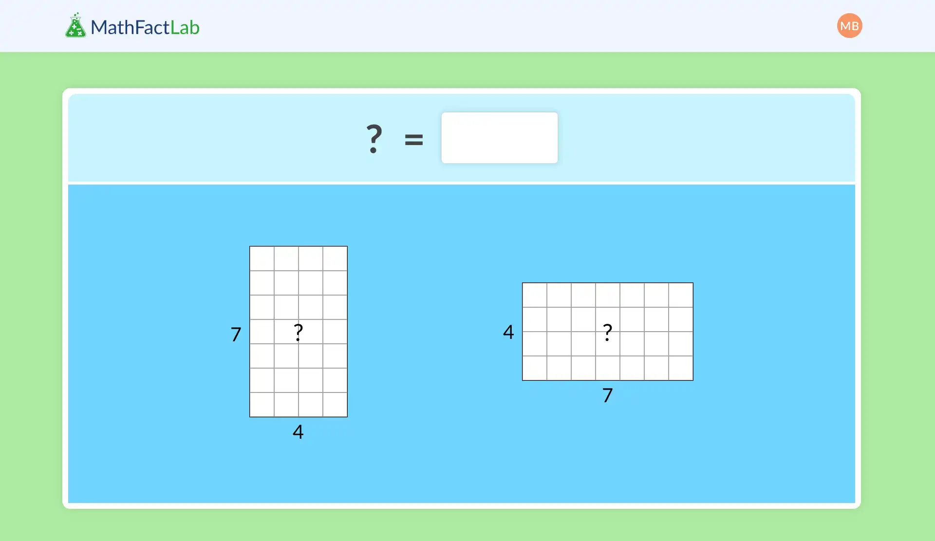 MathFactLab exercise showing two rectangles with grid lines, one vertical 7 by 4 and one horizontal 4 by 7, asking for their area equivalence with a blank answer box.