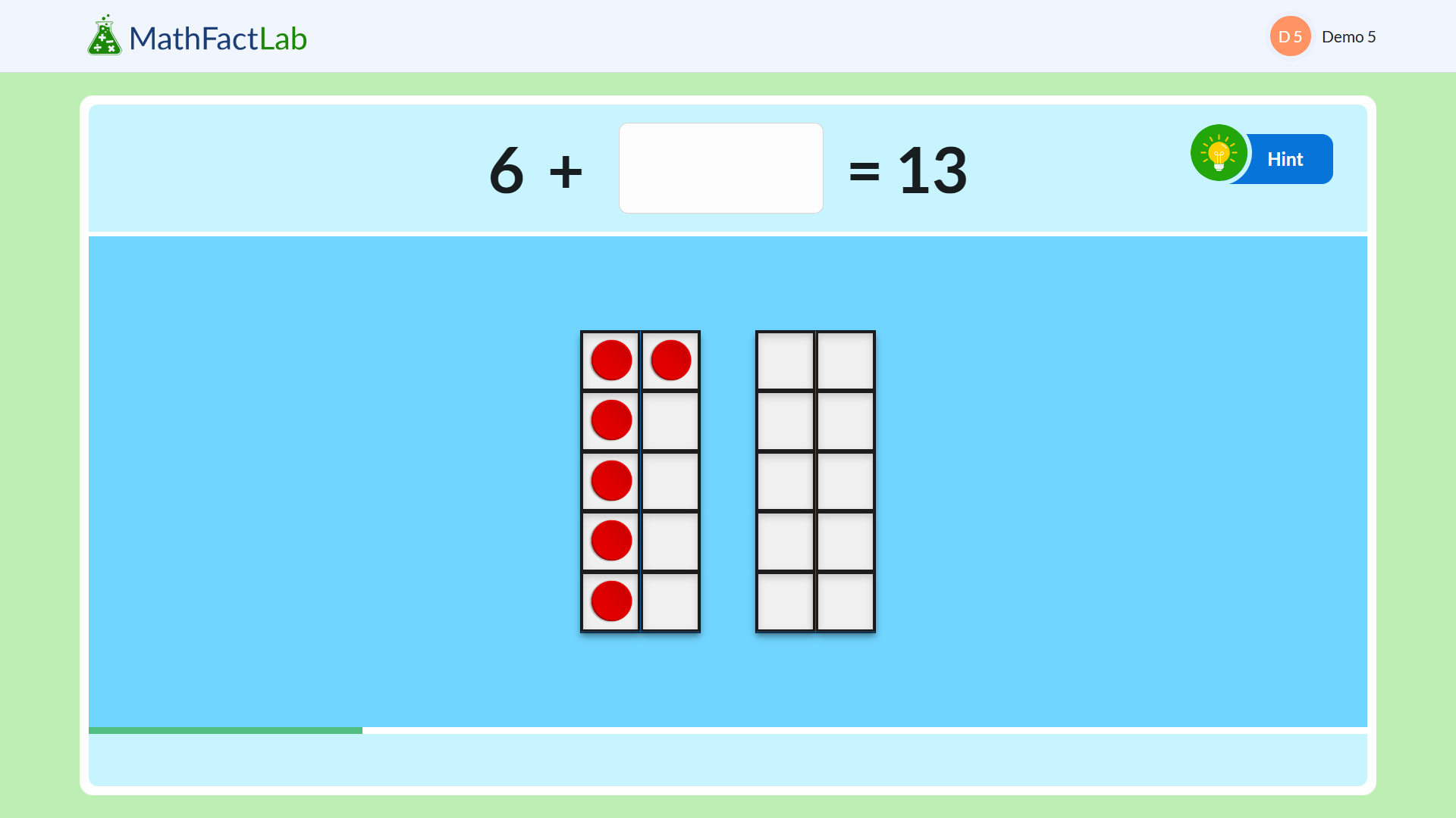 Addition fact as a mssing addend represented on a pair of ten frames.  