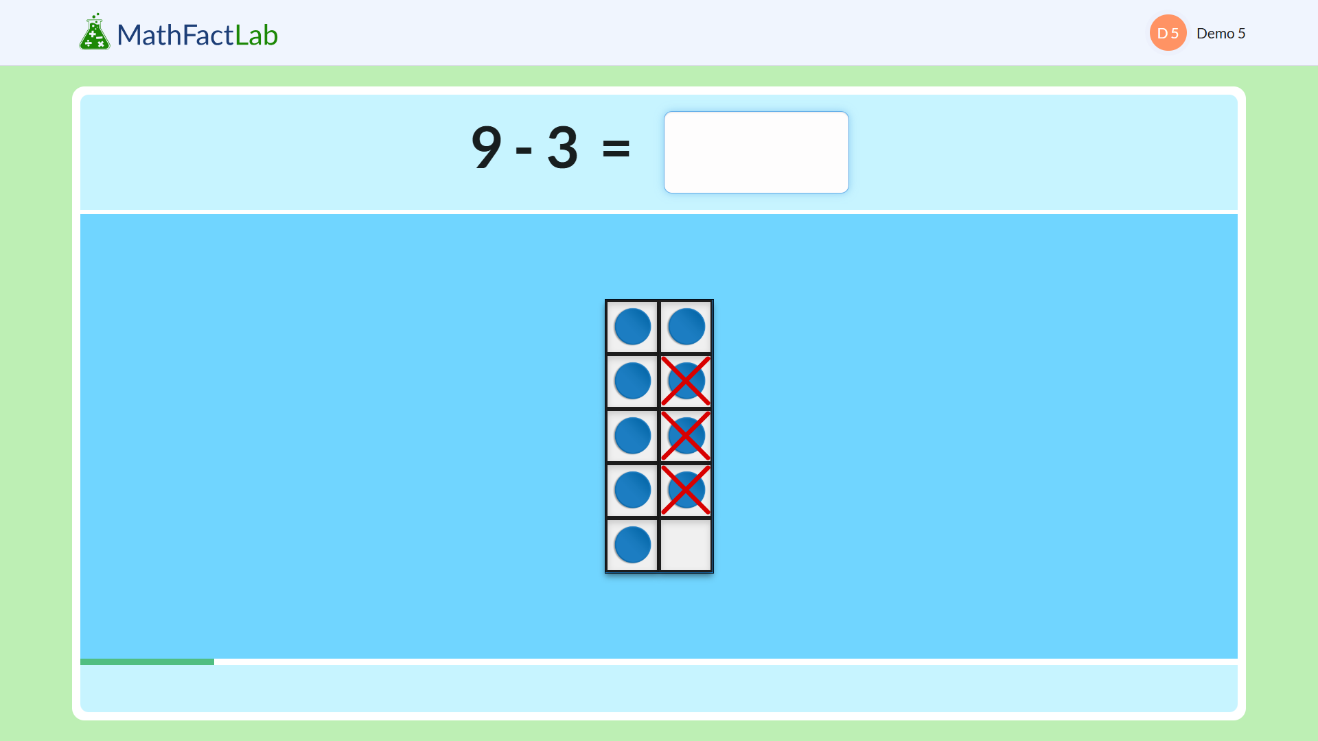 Subtraction fact problem represented on a ten frame.  The chips to be removed are x'd out.  