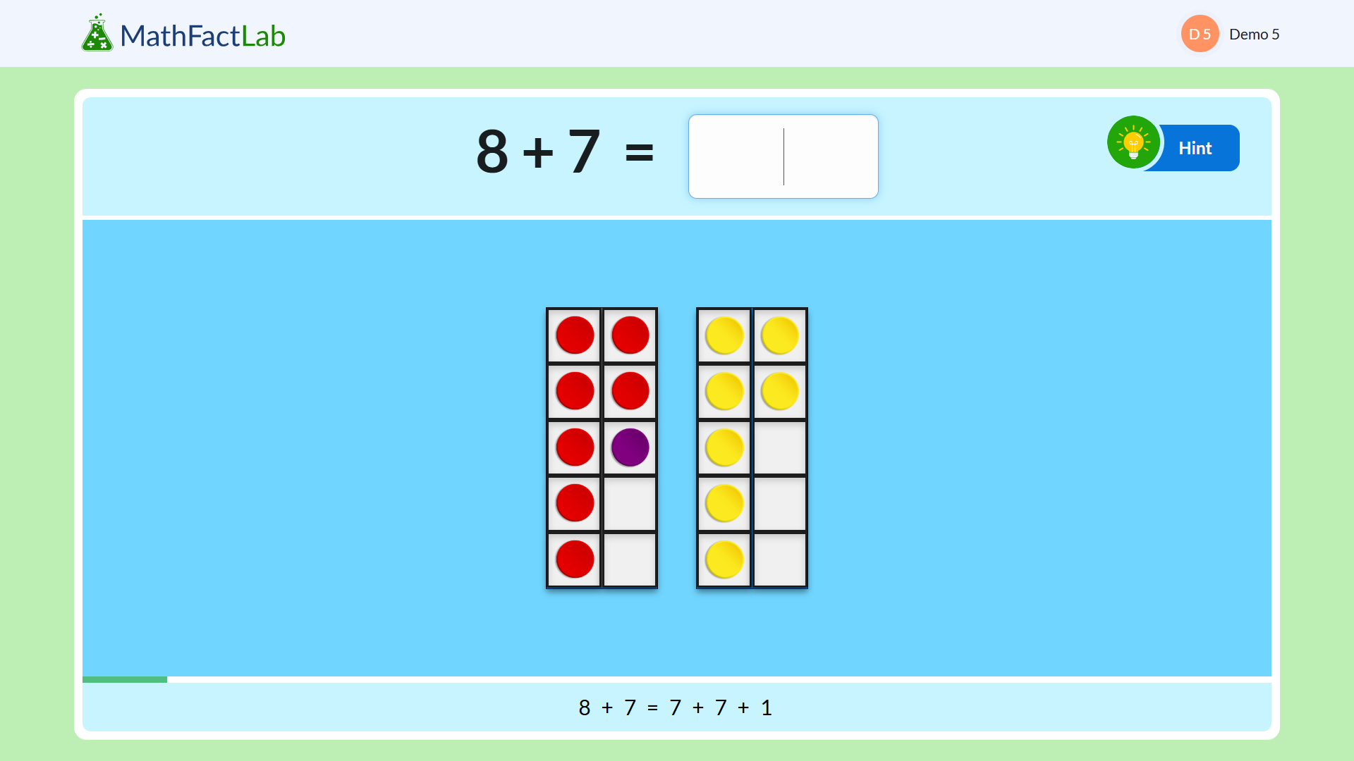 Near double addition fact modeled with a ten frame.  