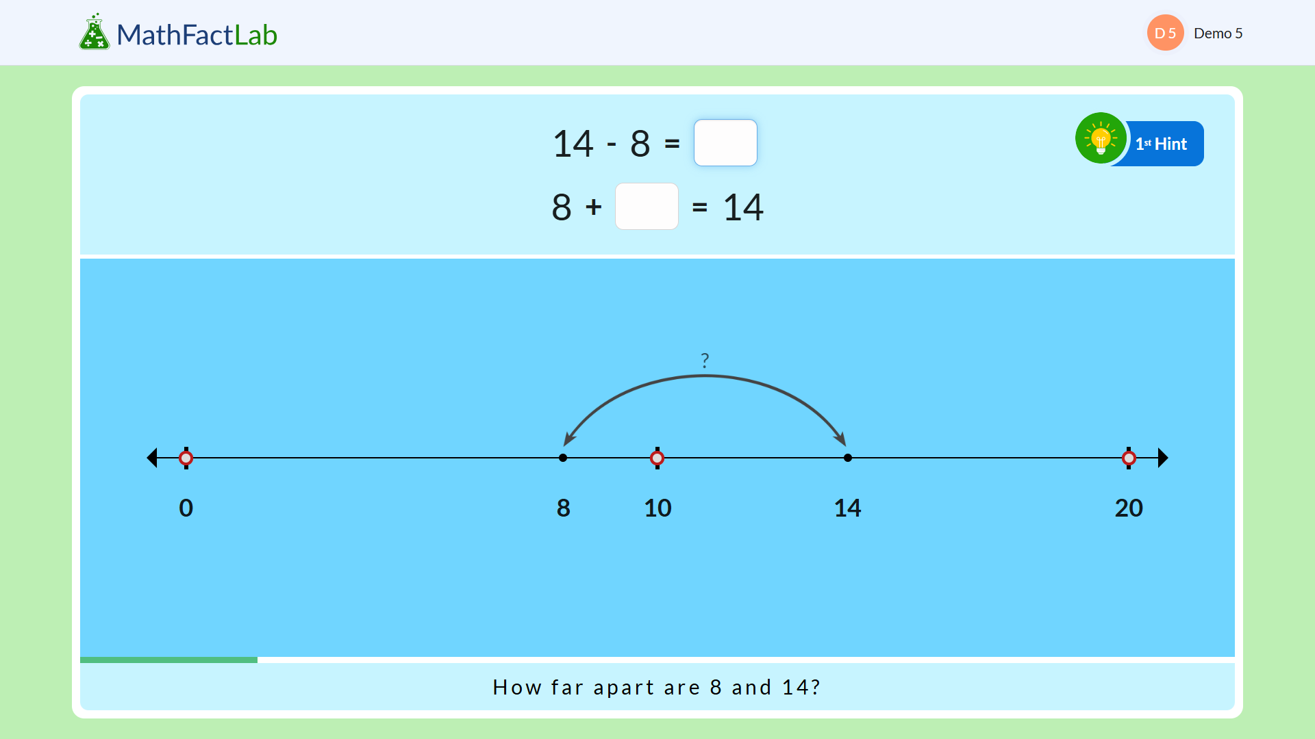 Subtraction fact represented on a number line with the problem translated as a missing addend problem.  