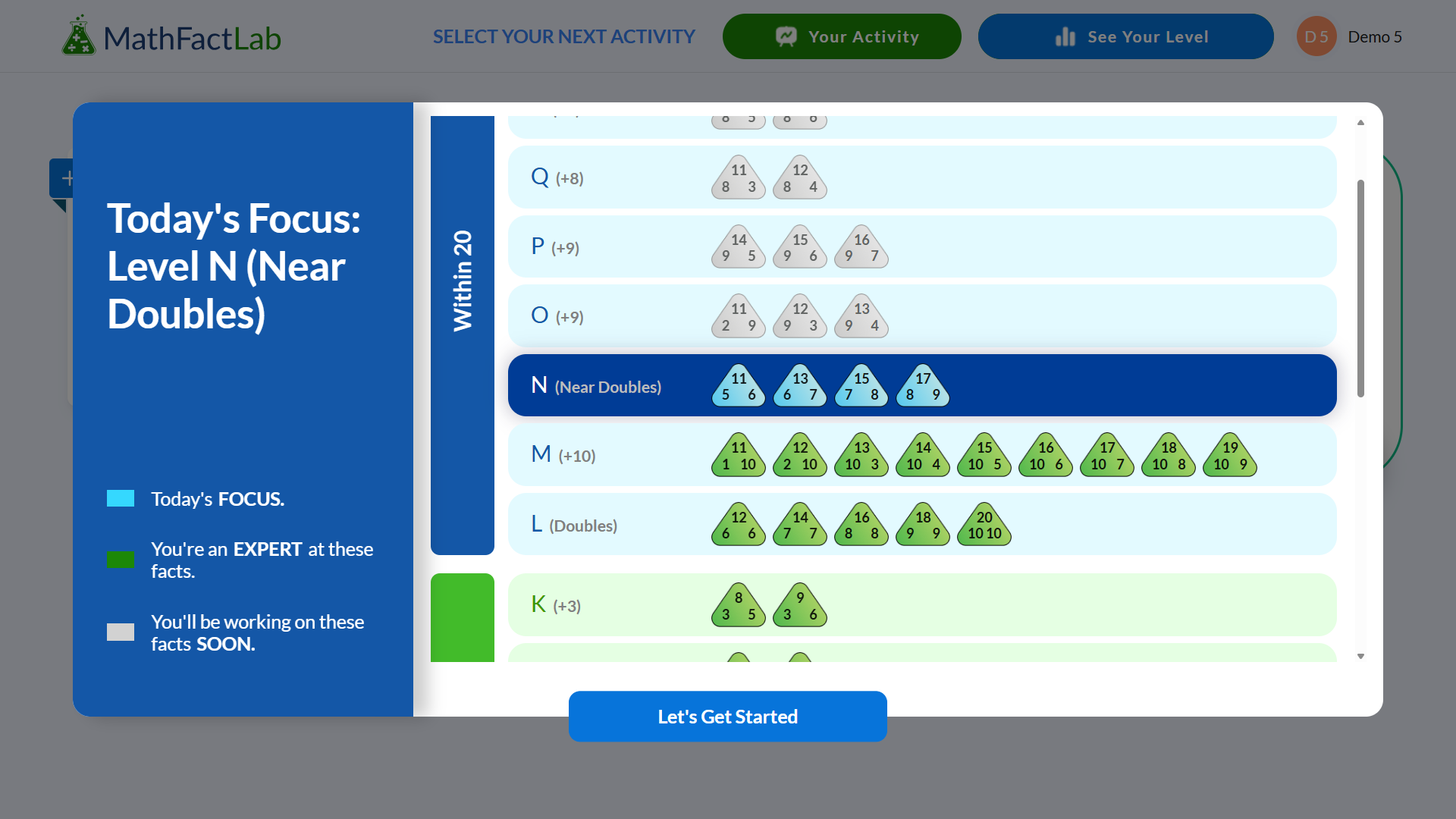 Student view.  When first logging into MathFactLab, students see where they are within the learning progression, what math facts they have mastered, which ones they are working on, and which ones they will be working on next.  
