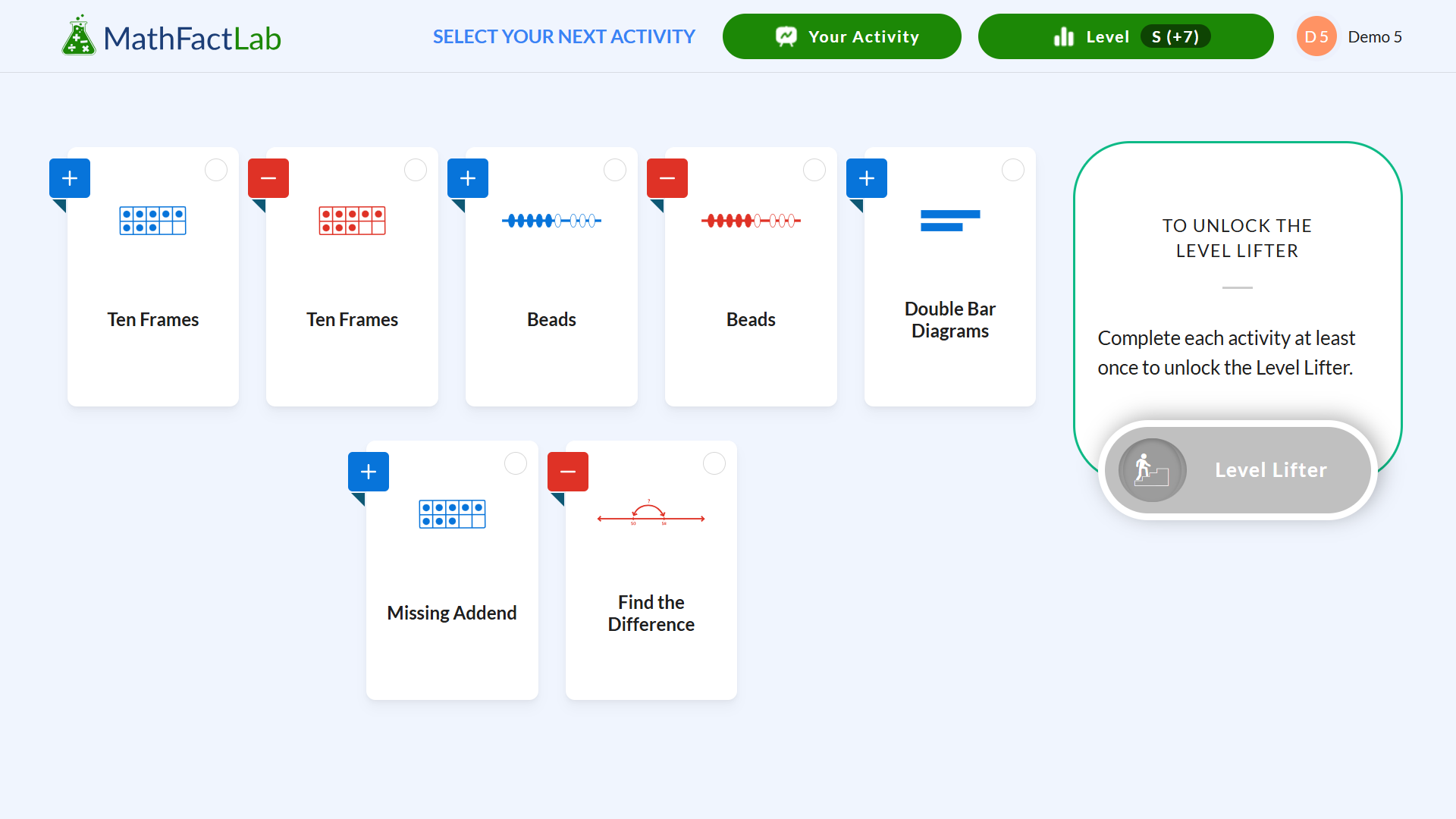 Student dashboard in MathFactLab's addition/subtraction fact fluency program.  A menu of activites are shown.  Each button shows the model that will be used.  These include ten frames, number lines, rekenreks, and double-bar diagrams.  
