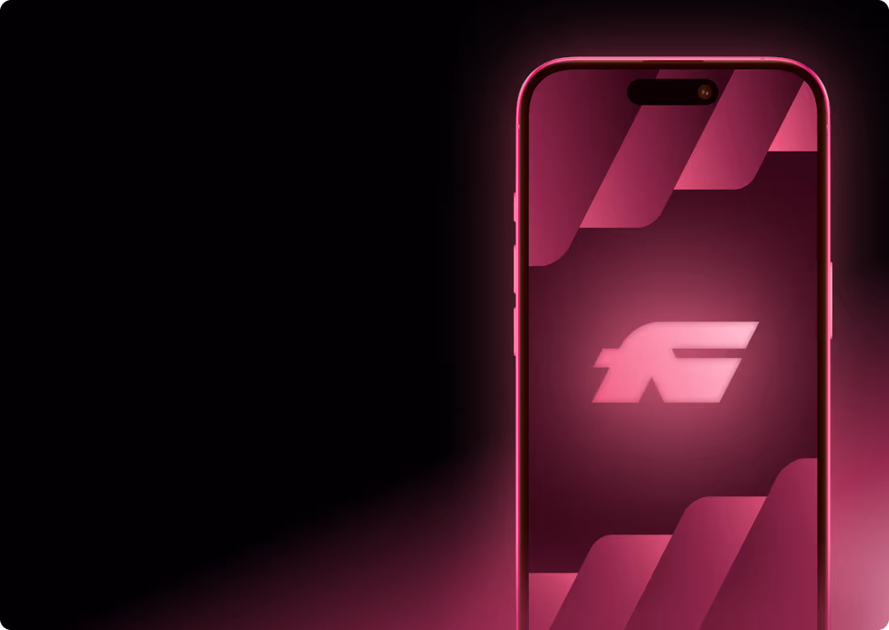 Person holding a smartphone displaying a blue and purple abstract design on screen.