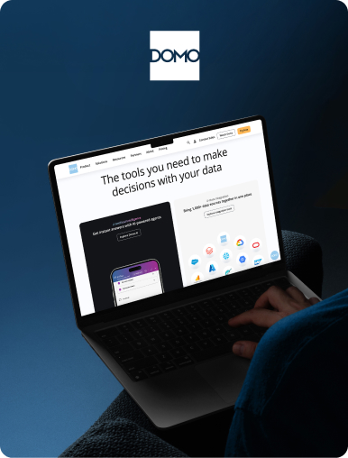 Flow Ninja Foresight audit showcase — DOMO website displayed on a laptop, featuring the "The tools you need to make decisions with your data" homepage.