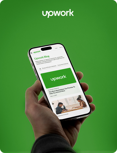 Flow Ninja Foresight audit showcase — Upwork blog page displayed on a mobile phone, featuring the Upwork Blog homepage.