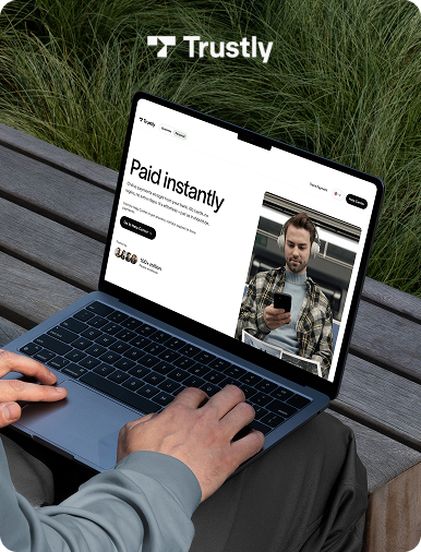 Flow Ninja Foresight audit showcase — Trustly website displayed on a laptop, featuring the "Paid instantly" homepage hero section.