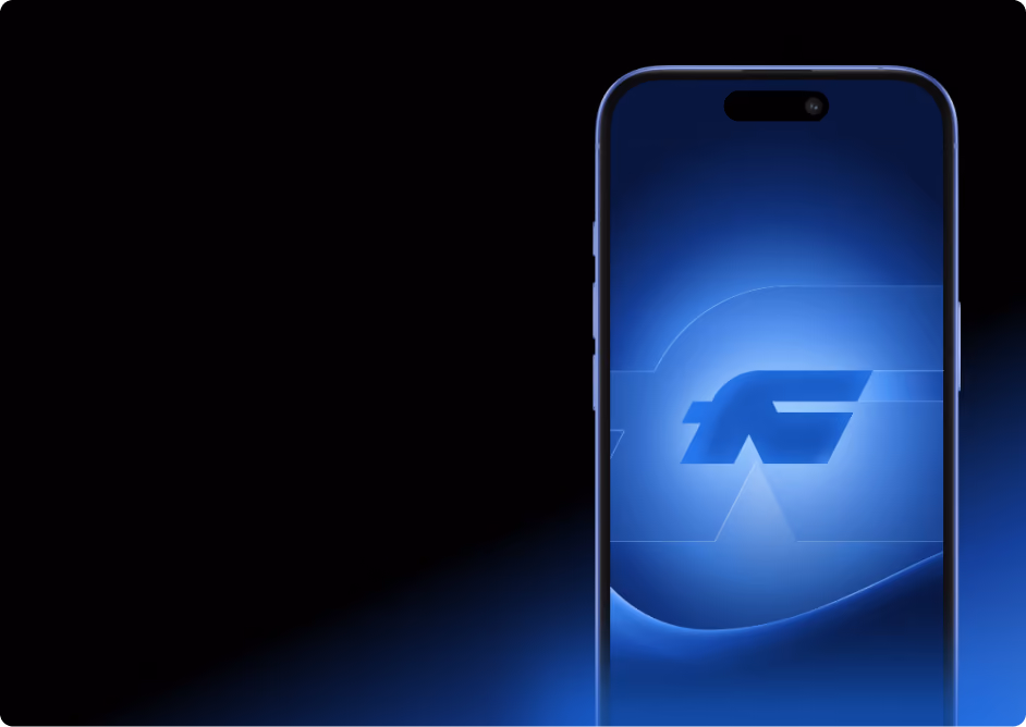 Person holding a smartphone displaying a blue and purple abstract design on screen.