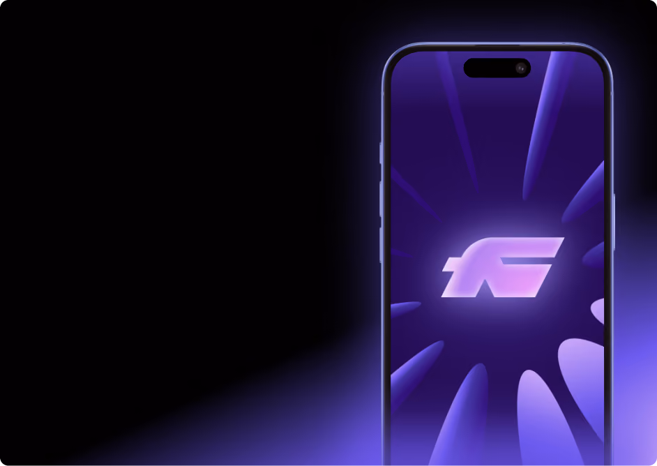 Person holding a smartphone displaying a blue and purple abstract design on screen.