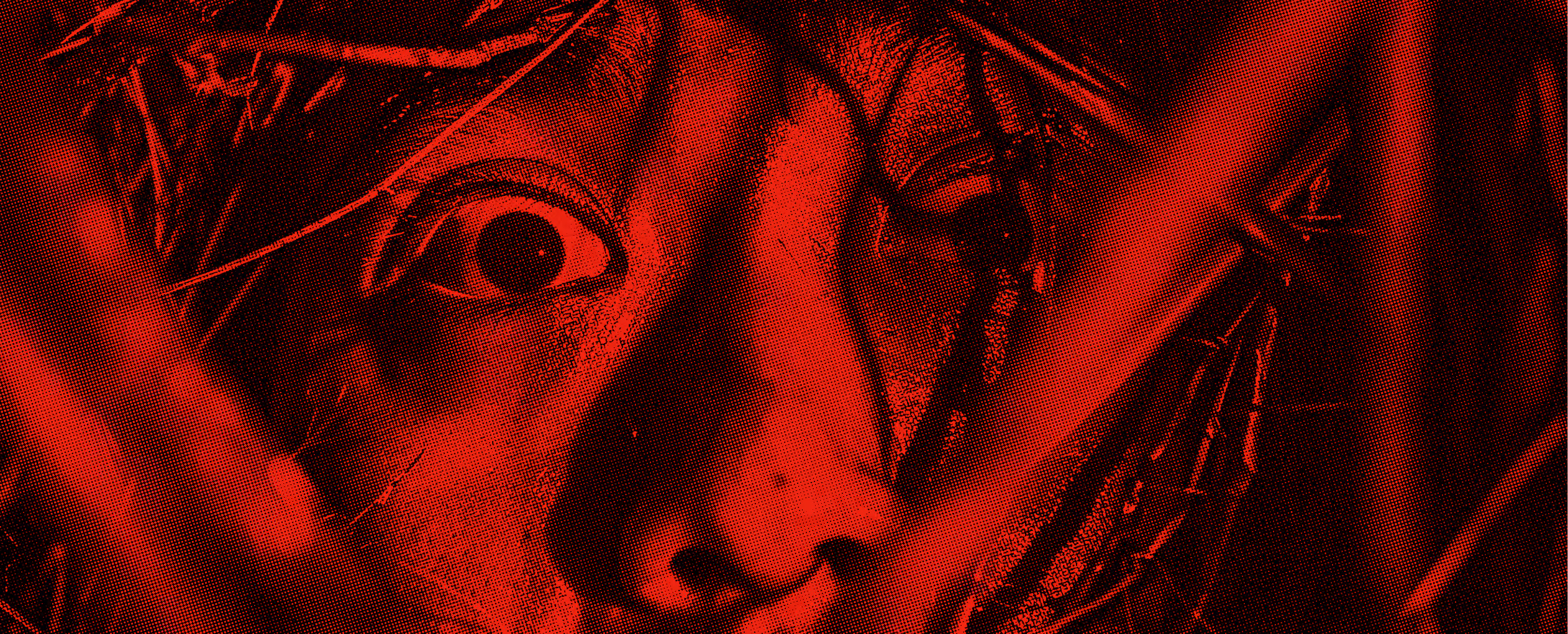 Extreme close-up of a wide, startled eye rendered in red halftone horror-poster style