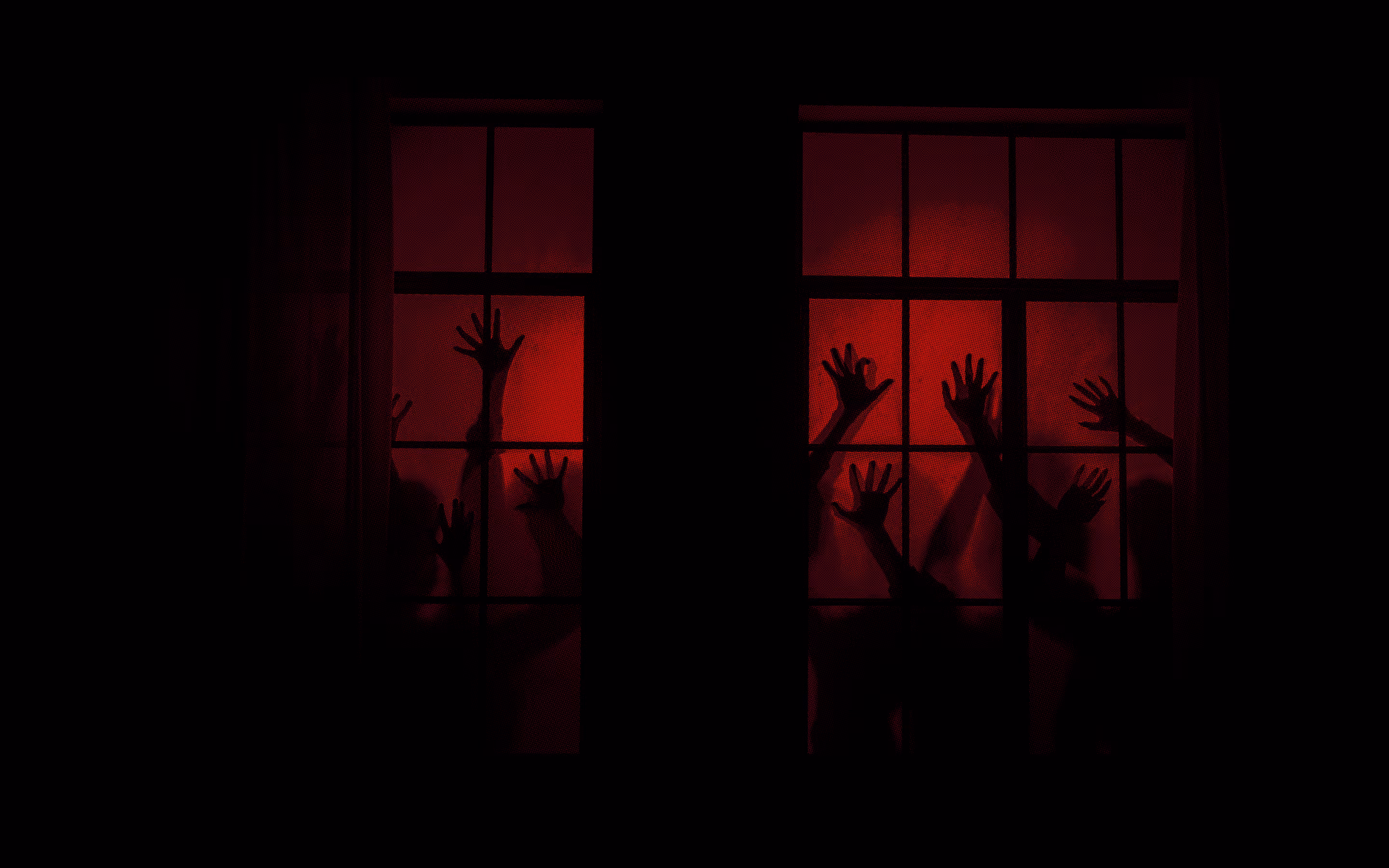 Silhouetted hands pressed against red-lit window panes, evoking a horror-movie chase scene