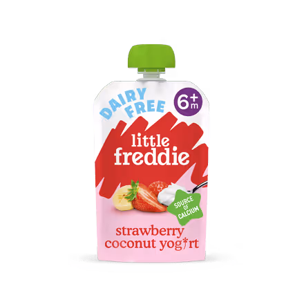 Little Freddie dairy-free strawberry coconut yogurt pouch with green cap and 6+ months label.