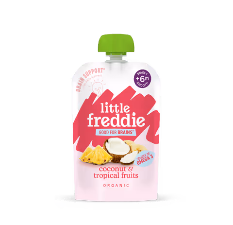 Little Freddie coconut and tropical fruits baby food pouch, labeled brain support and source of Omega 3, for babies 6 months and older.