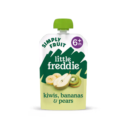 Little freddie Simply Fruit puree pouch for babies 6 months and older with kiwis, bananas, and pears.